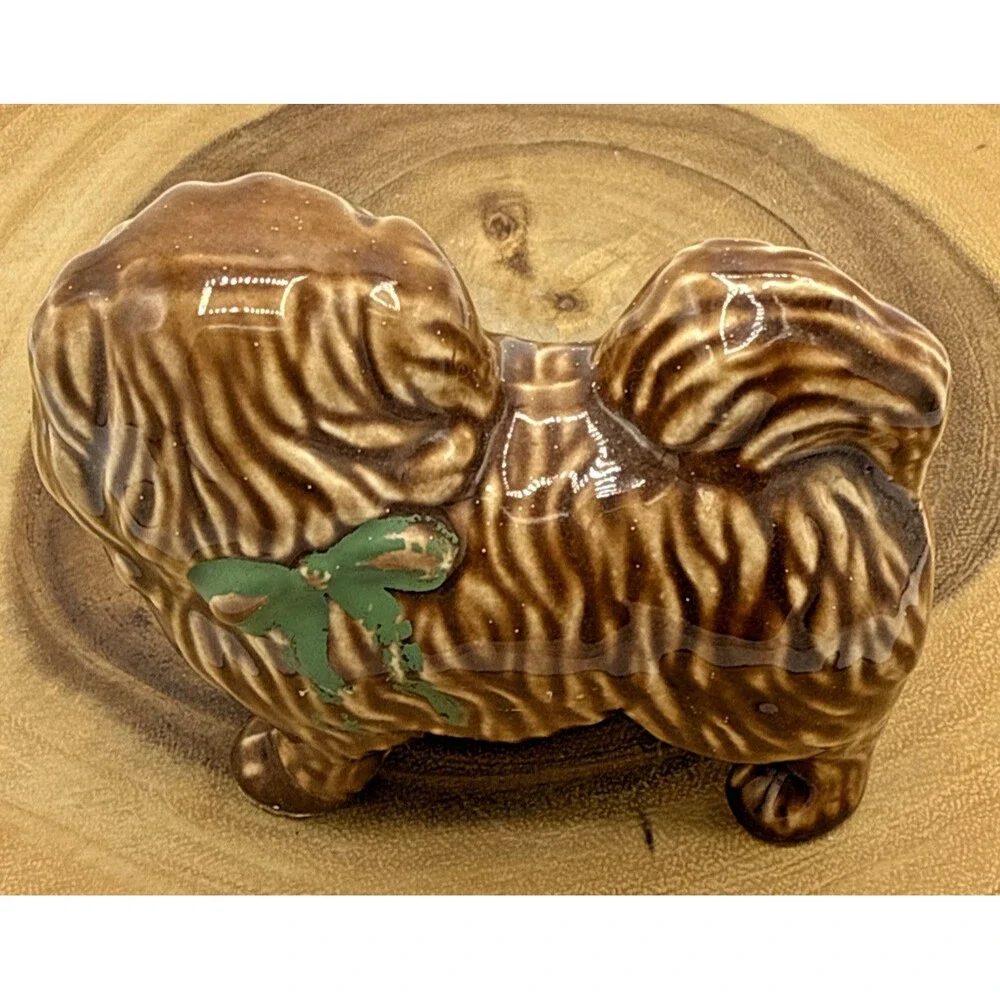 Vintage Porcelain Pekingese Figurine Pekingese Brown Dog W/Green Bow 3.5